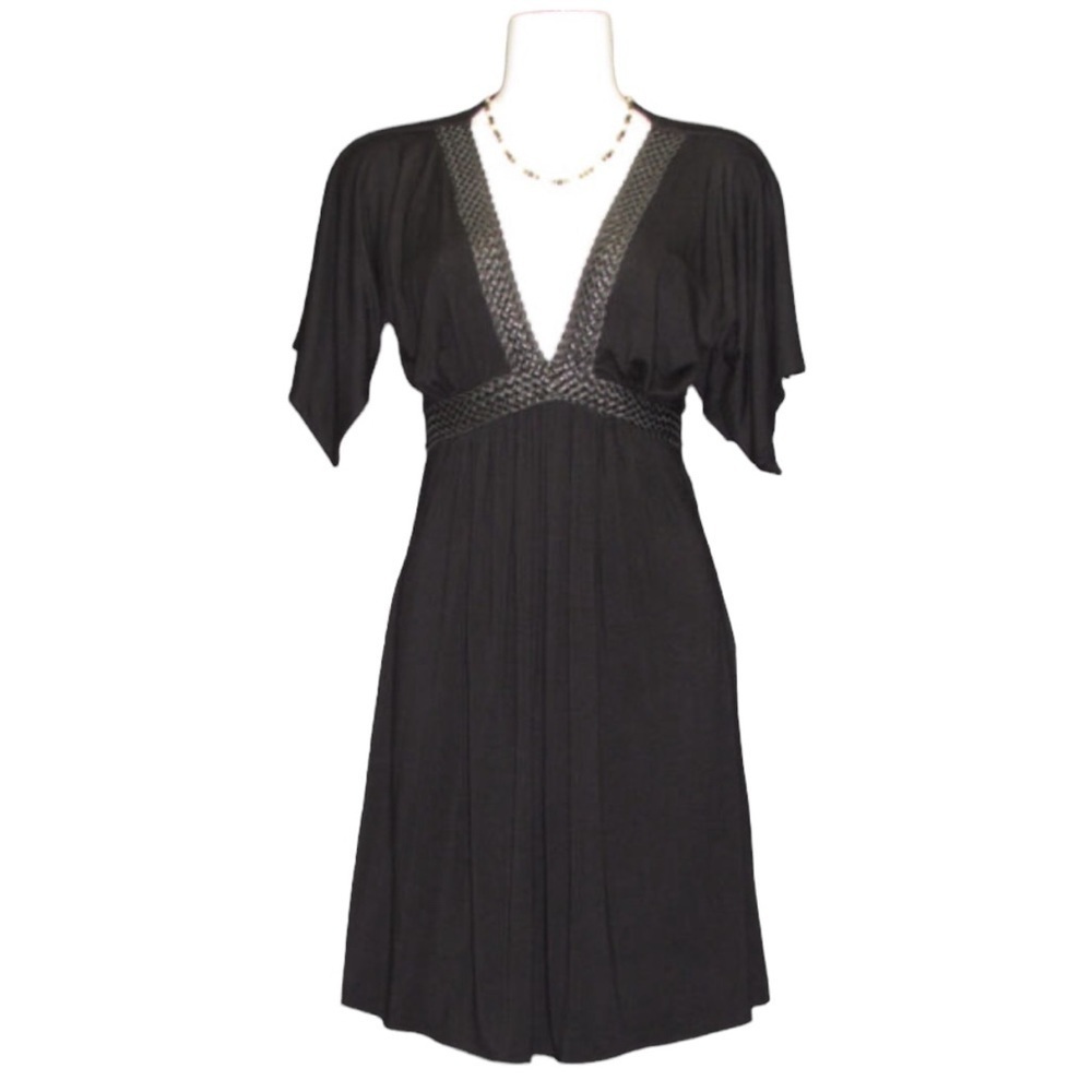 Vertigo Paris Vegan Leather Braided V-Neck Dress. Attached Tie Back. #441